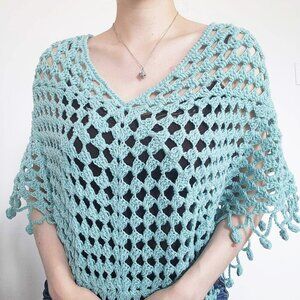 Vintage Y2K handmade soft & comfy aqua crochet poncho